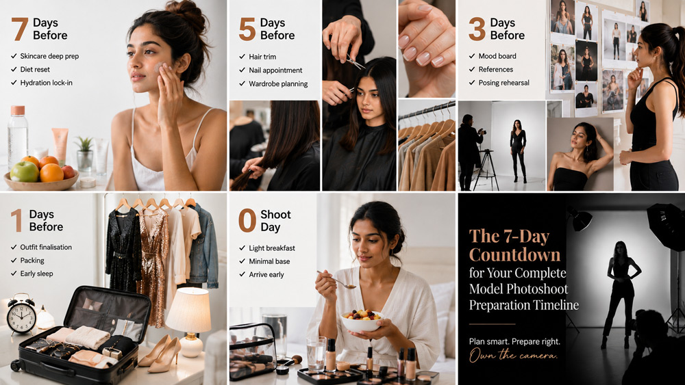 Seven-day model photoshoot preparation timeline showing skincare, hair and nails, wardrobe planning, mood board, packing, and shoot-day preparation