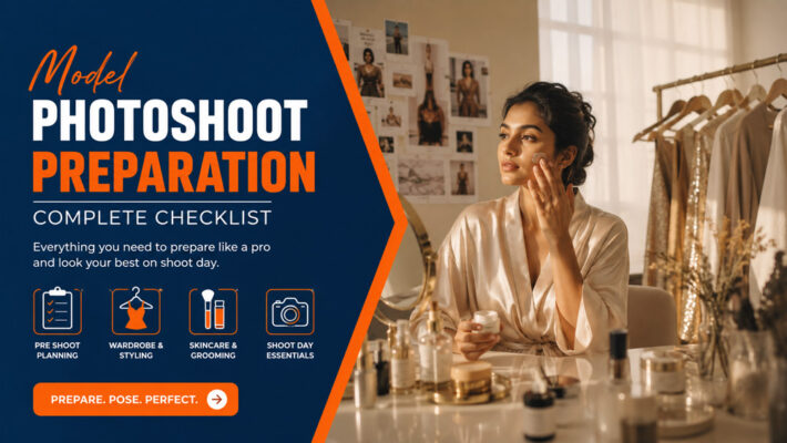 Model photoshoot preparation complete checklist featuring an Indian female model preparing skincare at a luxury photography studio vanity