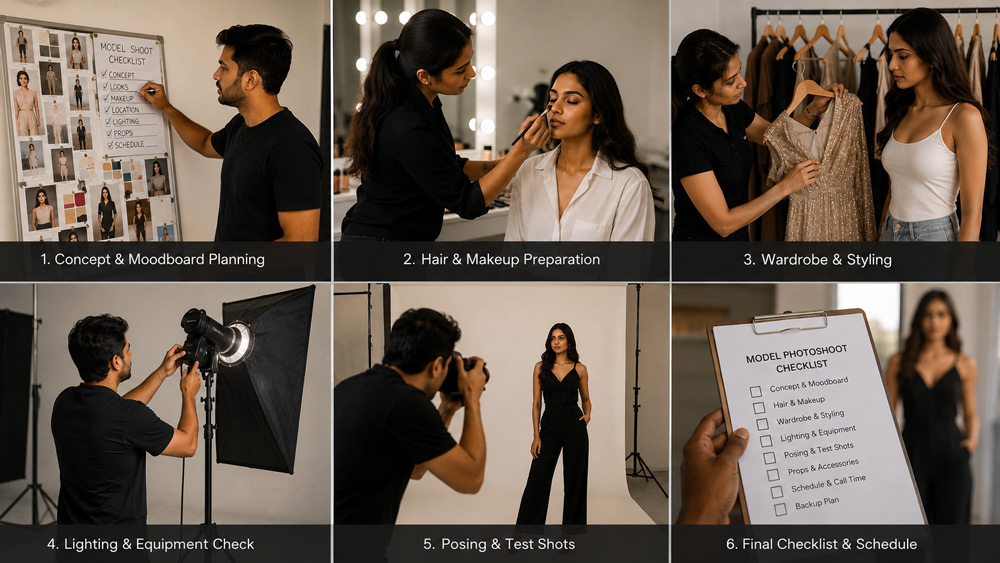 Six-panel grid showing a photography studio team preparing an Indian model for a professional photoshoot, including concept planning, hair and makeup, wardrobe styling, lighting setup, test shots, and final checklist.