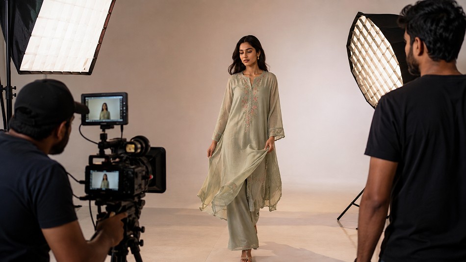 Behind the scenes of professional ecommerce model product video shoot featuring a fashion model naturally wearing and