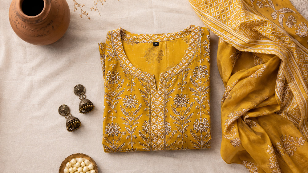 Overhead flat lay photography of mustard yellow Indian kurti with intricate hand block prints styled on soft beige linen background with matching dupatta brass jhumkas and terracotta pot for premium Indian ethnic wear ecommerce catalog