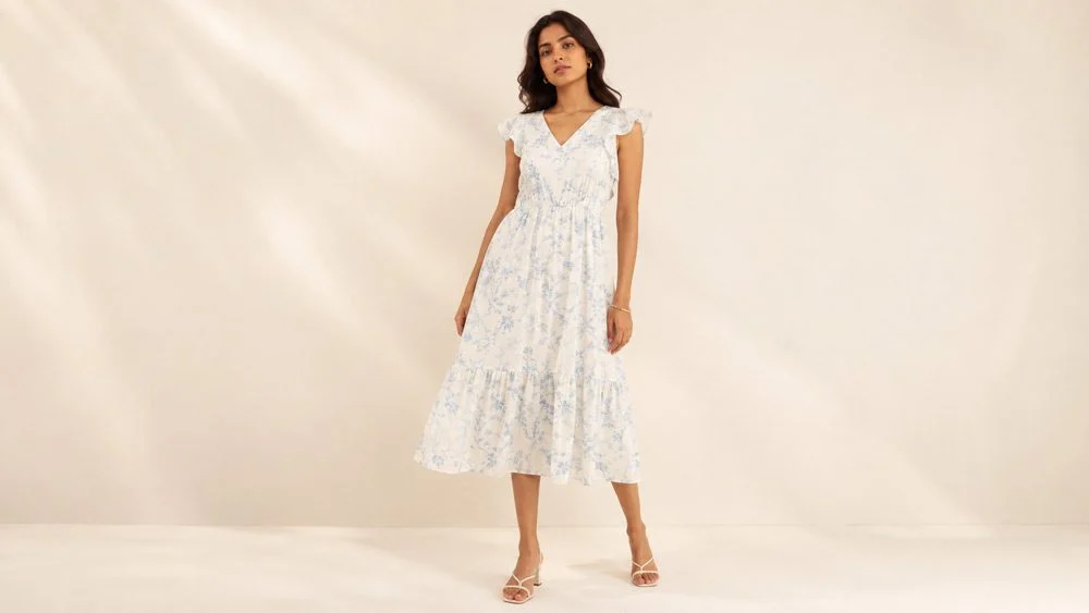 Indian female model in a white floral tiered midi dress with flutter sleeves standing in soft natural light on a warm beige backdrop, an honest on-model catalogue image that shows fit and length and lowers Meesho wrong return disputes