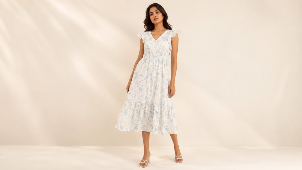 On-model garment photography example of an editorial midi dress shot inside a Delhi NCR studio on ivory backdrop with soft directional lighting for a D2C fashion brand catalogue in 2026