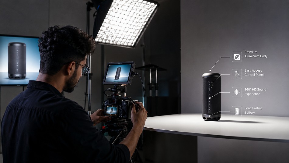 Behind the scenes of modern ecommerce feature-highlight product video showing a premium gadget with close-up camera