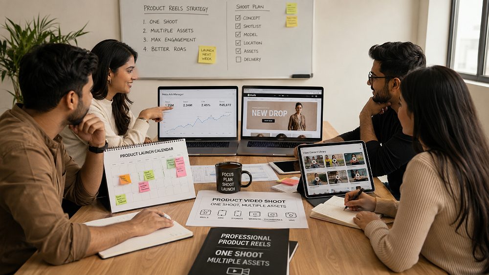 Behind the scenes of d2C ecommerce team reviewing product launch calendar, Meta ad dashboard, Shopify store and video