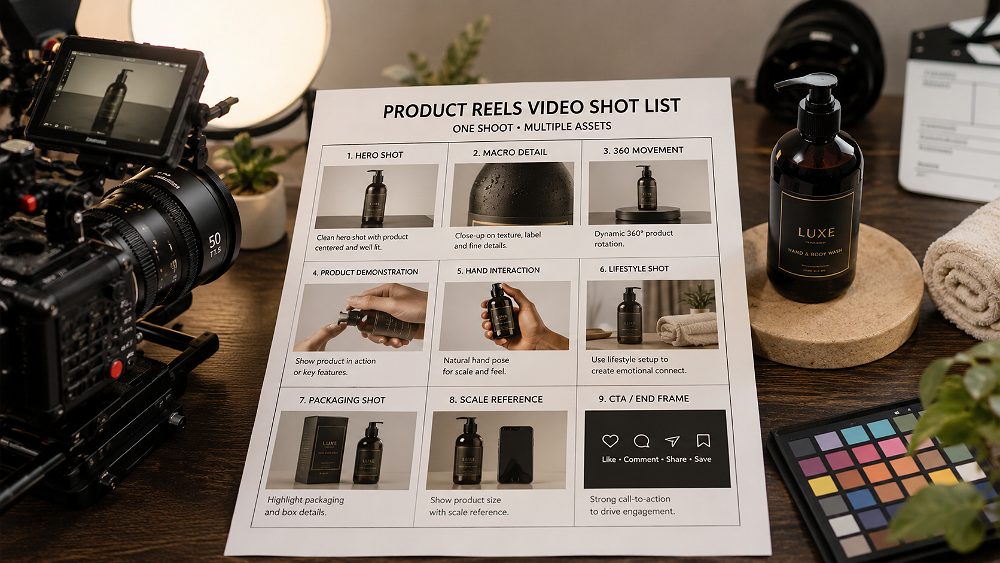 Behind the scenes of detailed professional product video shot list laid beside cinema camera and ecommerce product