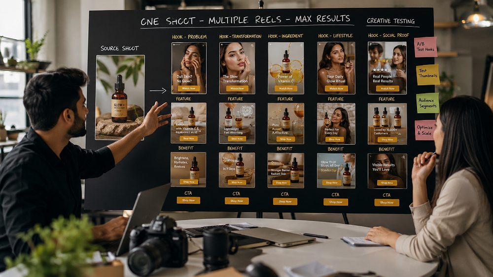 Behind the scenes of performance marketing creative testing board showing one ecommerce product shoot transformed into
