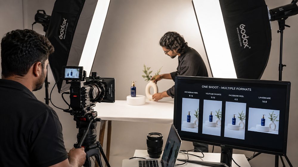 Behind the scenes of premium Delhi ecommerce video studio producing reusable product footage with cinema camera,