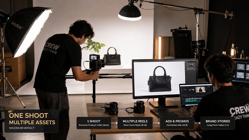 Behind the scenes of premium ecommerce video production pricing concept showing one professional product shoot branching