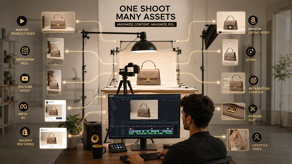 Behind the scenes of premium ecommerce product video production workflow showing one professional product shoot at the