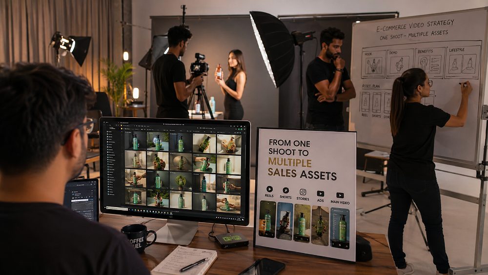 Behind the scenes of professional comparison contrasting single product Reel freelancer workflow with full ecommerce video
