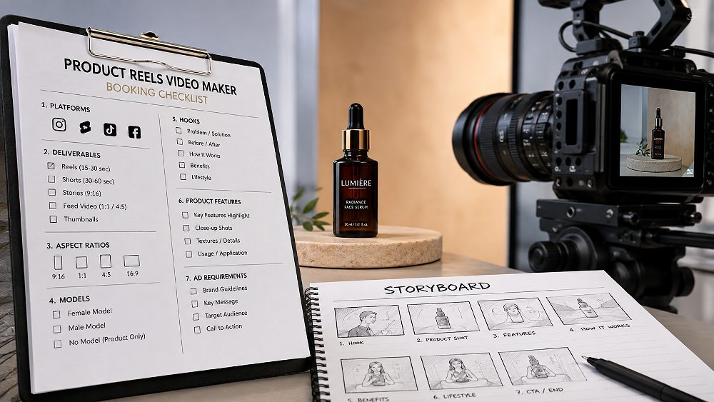 Behind the scenes of professional product reels video maker booking checklist on clipboard beside ecommerce product,