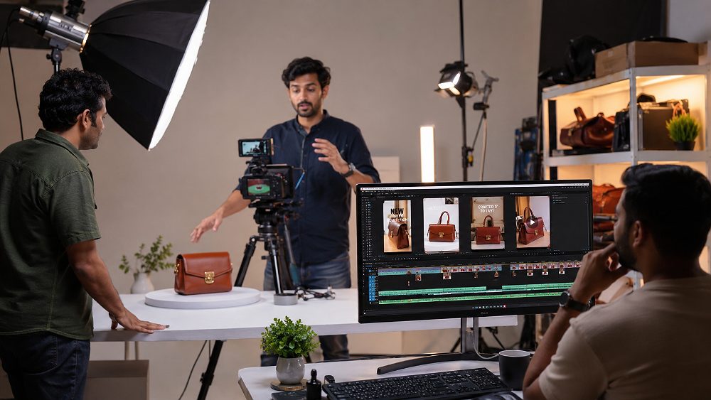 Behind the scenes of professional Product Reels Video Maker directing an ecommerce tabletop shoot with cinema camera,