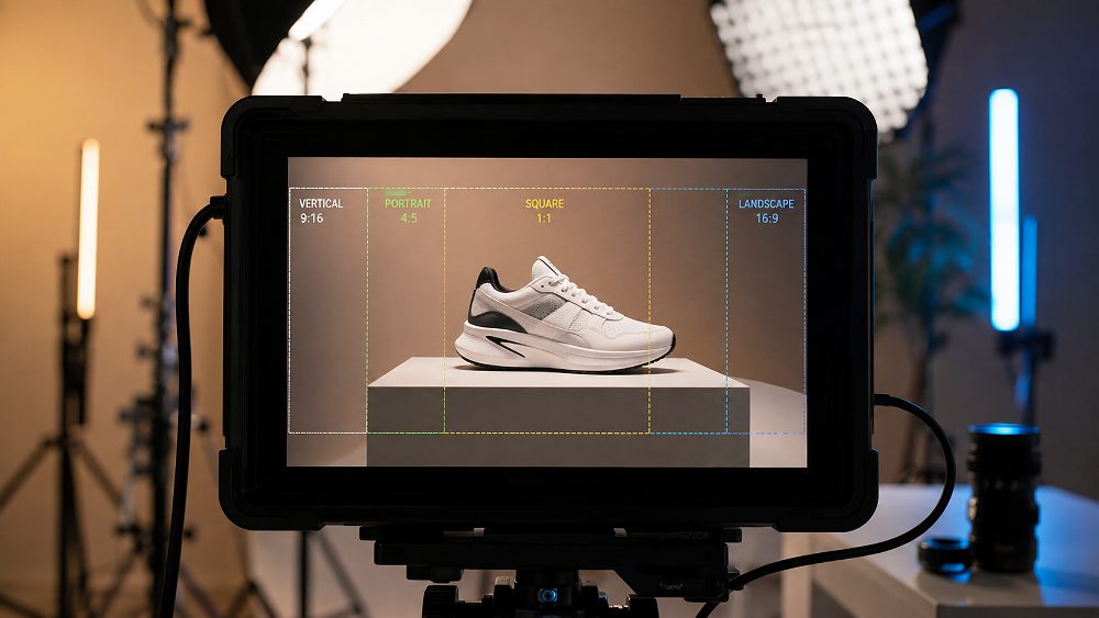 Behind the scenes of professional product video monitor showing the same ecommerce scene with vertical 9 by 16, square 1