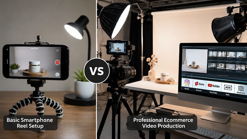 Behind the scenes of split-screen comparison showing a basic smartphone product Reel setup on one side and a professional