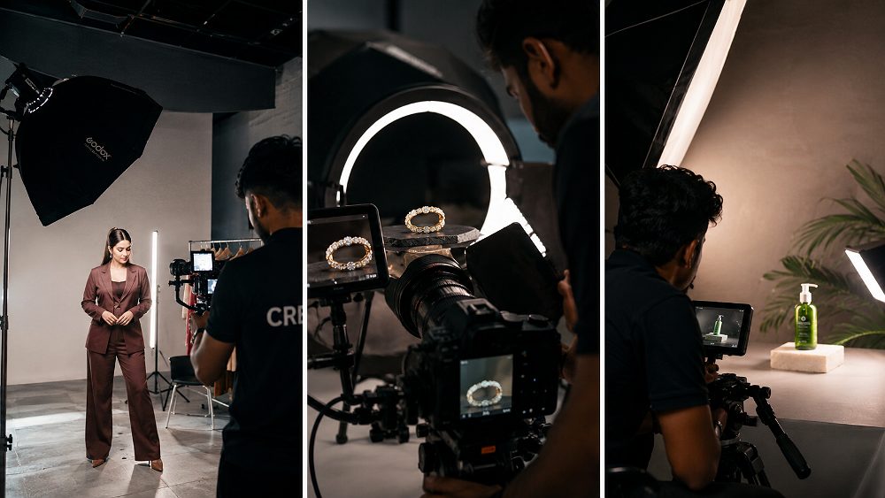 Behind the scenes of three-panel ecommerce product reels production showing fashion model wearing apparel, macro