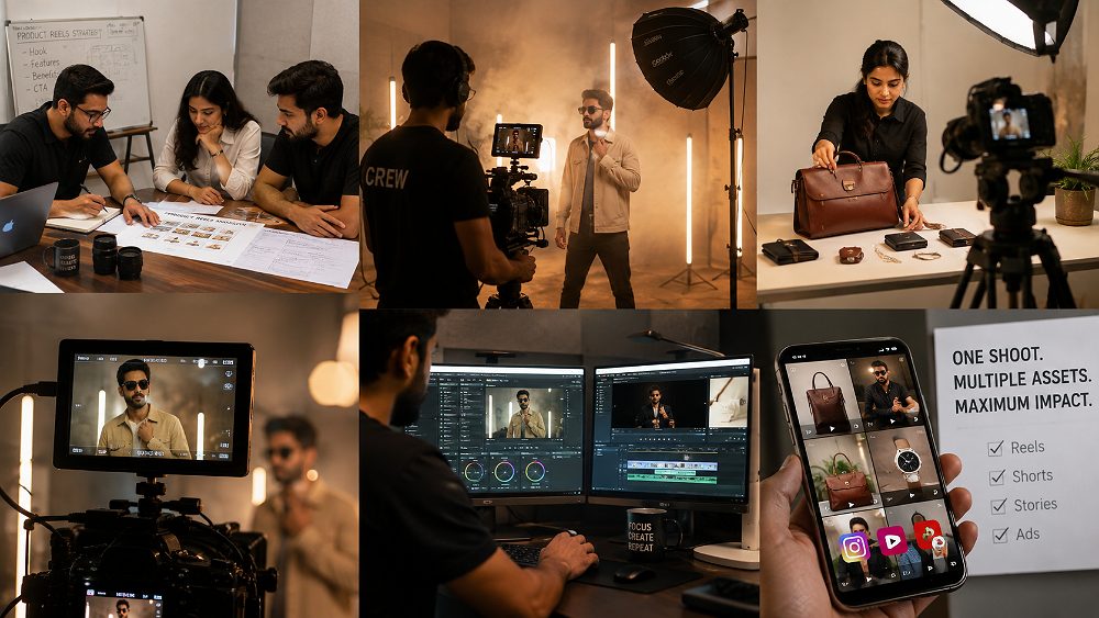 Behind the scenes of uniqs Studio style professional ecommerce video production workflow in Delhi showing