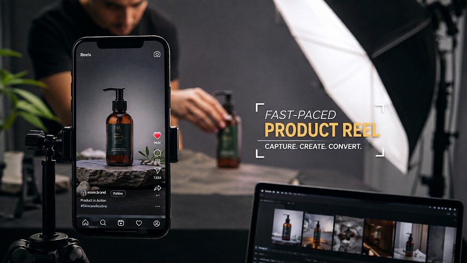 Behind the scenes of fast-paced vertical ecommerce product reel showing multiple dynamic close-ups, product movement,