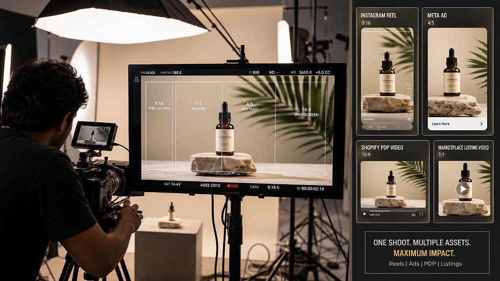 Behind the scenes of professional Product Reels Video Maker filming one ecommerce product shoot in a Delhi studio with