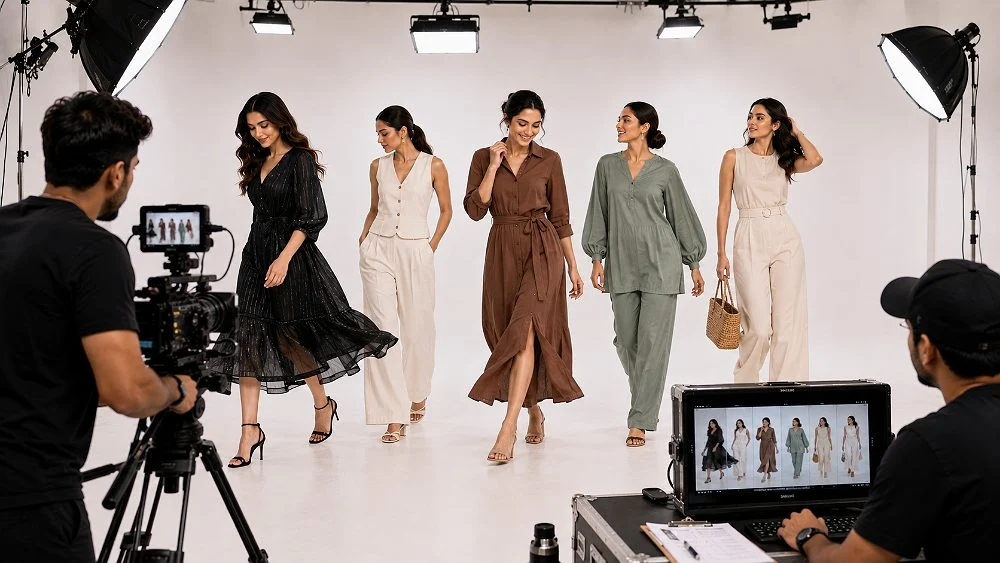 Wide studio frame of five Indian female models in neutral and earthy western outfits walking across a white cyclorama while a videographer and photographer capture the collection, a landscape shot suited to an amazon a+ content india brand story background