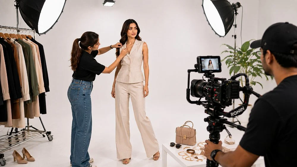 Indian photographer directing a female model in a beige waistcoat and wide-leg trousers on a white studio set while a videographer films on a stabiliser, capturing matching stills and video for amazon enhanced brand content clothing