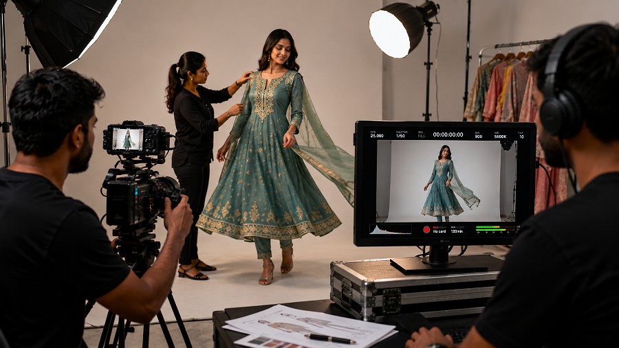 Professional ecommerce video production scene with a real Indian fashion model demonstrating garment fit and movement in front of a seamless neutral backdrop, full-frame camera on stabilised rig, continuous LED lights, softboxes, stylist adjusting fabric and monitor showing colour-accurate live footage, polished premium catalogue aesthetic, indian standard ecommerce photography & videography studio
