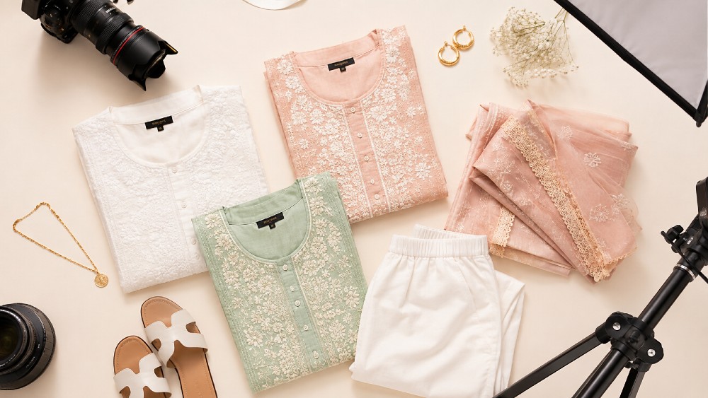 Overhead flat lay of premium folded clothing and accessories on ivory linen backdrop with champagne gold styling props editorial fashion magazine aesthetic