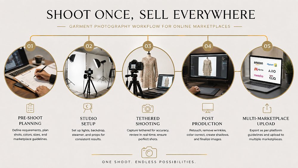Behind the scenes of shoot once sell everywhere workflow showing five circular stages connected by gold lines pre shoot