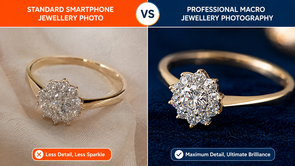 Split comparison of standard smartphone jewellery photograph versus professional macro photography for jewellery showing dramatic difference in facet sharpness and diamond fire — Uniqs Studio