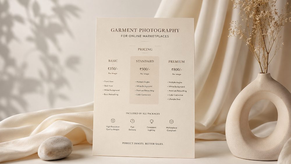 Behind the scenes of elegant editorial pricing card on ivory background