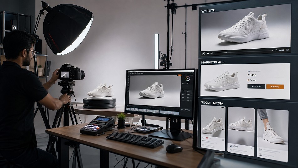 Behind the scenes of ecommerce videography studio workflow showing a product being filmed with professional camera, LED