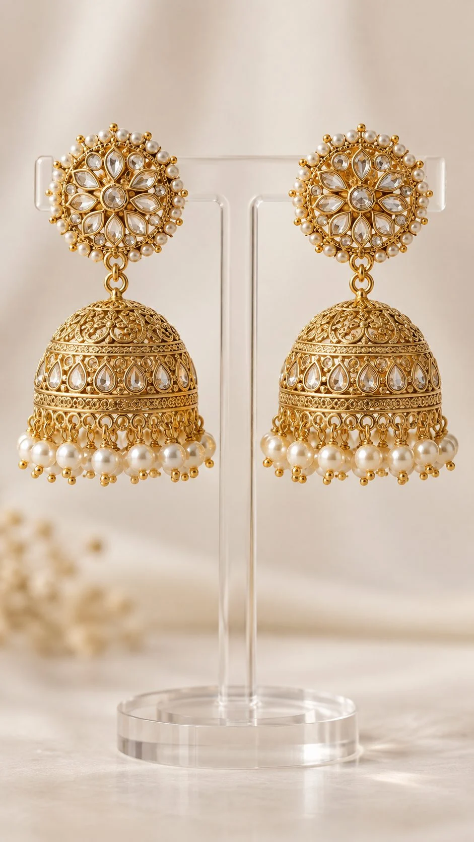 Gold filigree jhumka earrings with pearl drops hanging from a clear acrylic stand on a cream satin surface with soft warm light, a lifestyle gallery image for amazon gallery images in the jewellery category