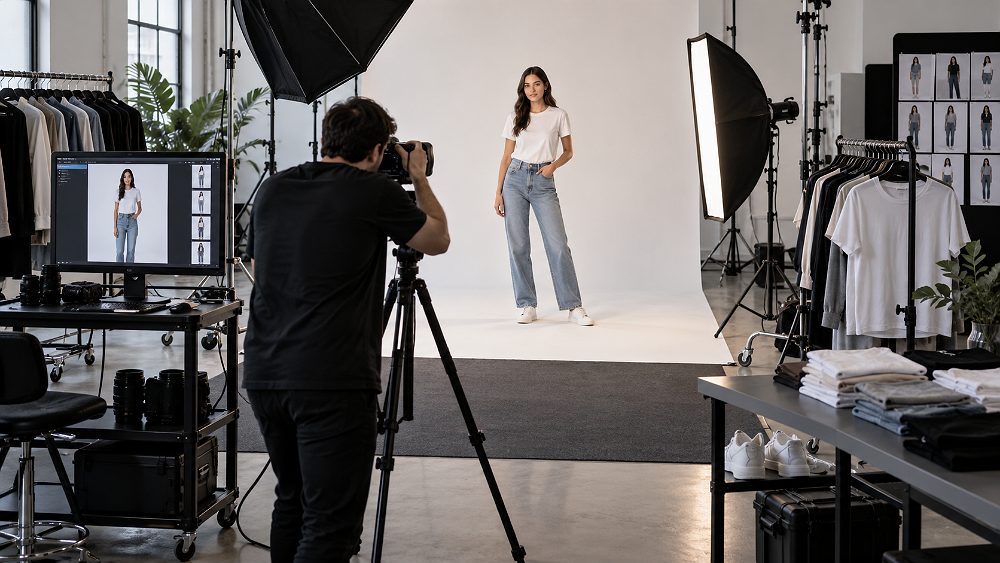 Behind the scenes of amazon apparel photography shot list workflow in a professional fashion studio showing a