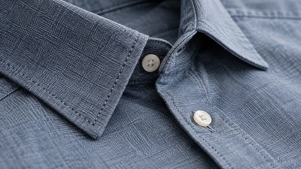 Fabric close-up for a men's shirt shoot: macro view of a chambray blue cotton shirt collar with white buttons, visible slub texture and neat contrast top-stitching along the collar edge and placket