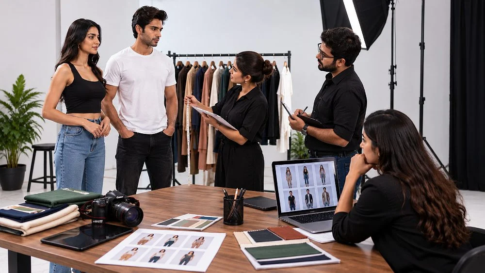 Indian fashion team reviewing a model casting session in a bright studio: a male and female model stand beside a clothing rack while a photographer with a camera, a stylist and a creative lead compare printed reference shots and a laptop showing a catalogue grid, the planning stage of a sherwani model photoshoot
