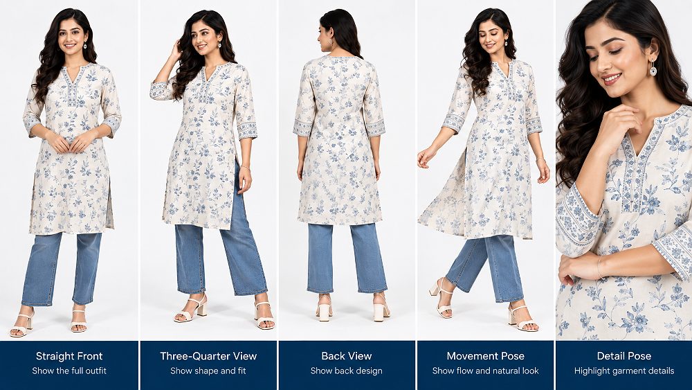 Behind the scenes of amazon model photography pose guide with Indian apparel models demonstrating straight front,