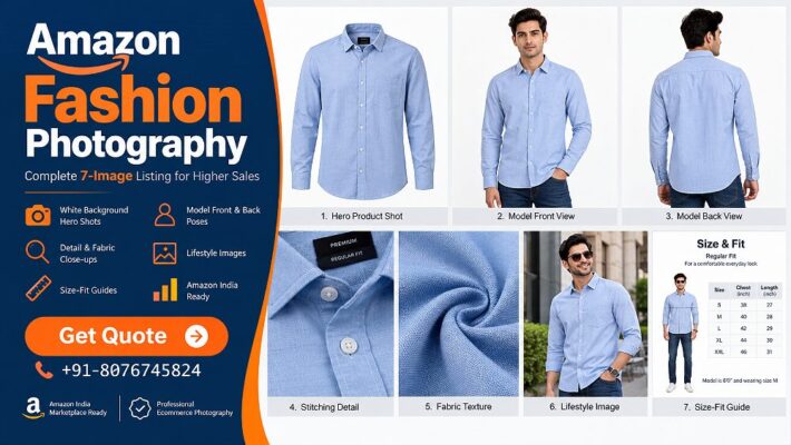 Amazon Fashion Photography showing a complete seven-image clothing listing sequence with a clean