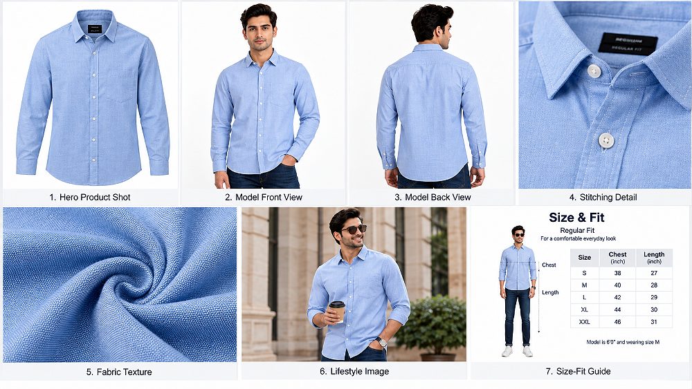 Behind the scenes of amazon Fashion Photography showing a complete seven-image clothing listing sequence with a clean