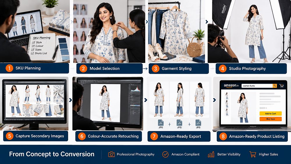 Behind the scenes of fashion Photography for Amazon workflow showing SKU photography planning, apparel model selection,