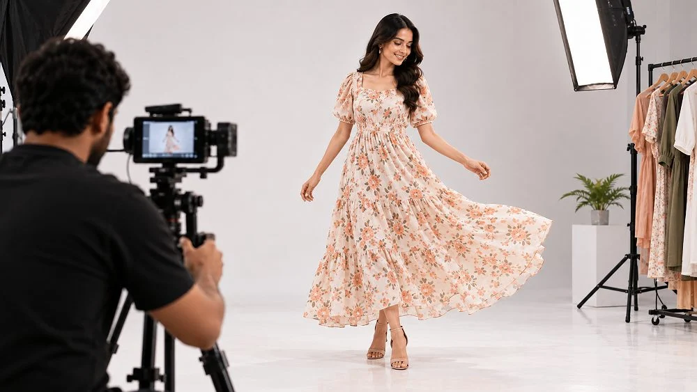 Videographer filming an Indian model in a peach floral tiered maxi dress as she turns on a white cyclorama, monitor showing the live frame, illustrating how model movement affects garment video and product video cost