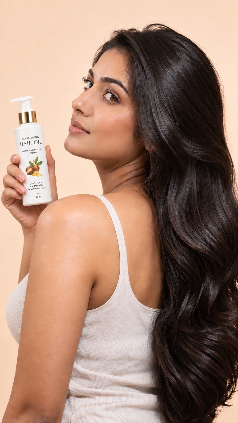 Hair care product shown with a model