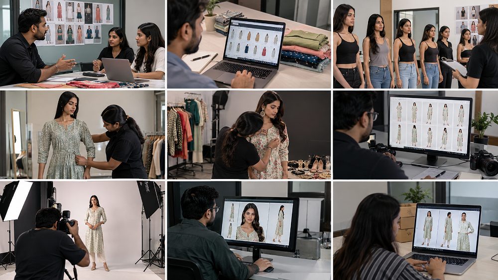 Behind the scenes of myntra seller catalogue photography workflow with Indian fashion model, neutral ecommerce studio