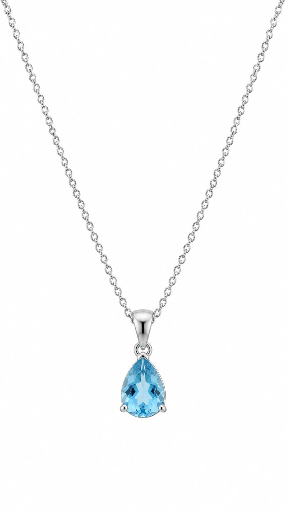Amazon jewellery image requirements example: silver chain with a pear-shaped blue topaz pendant photographed alone on a pure white RGB 255 background, centred and filling the frame with crisp metal edges and no props