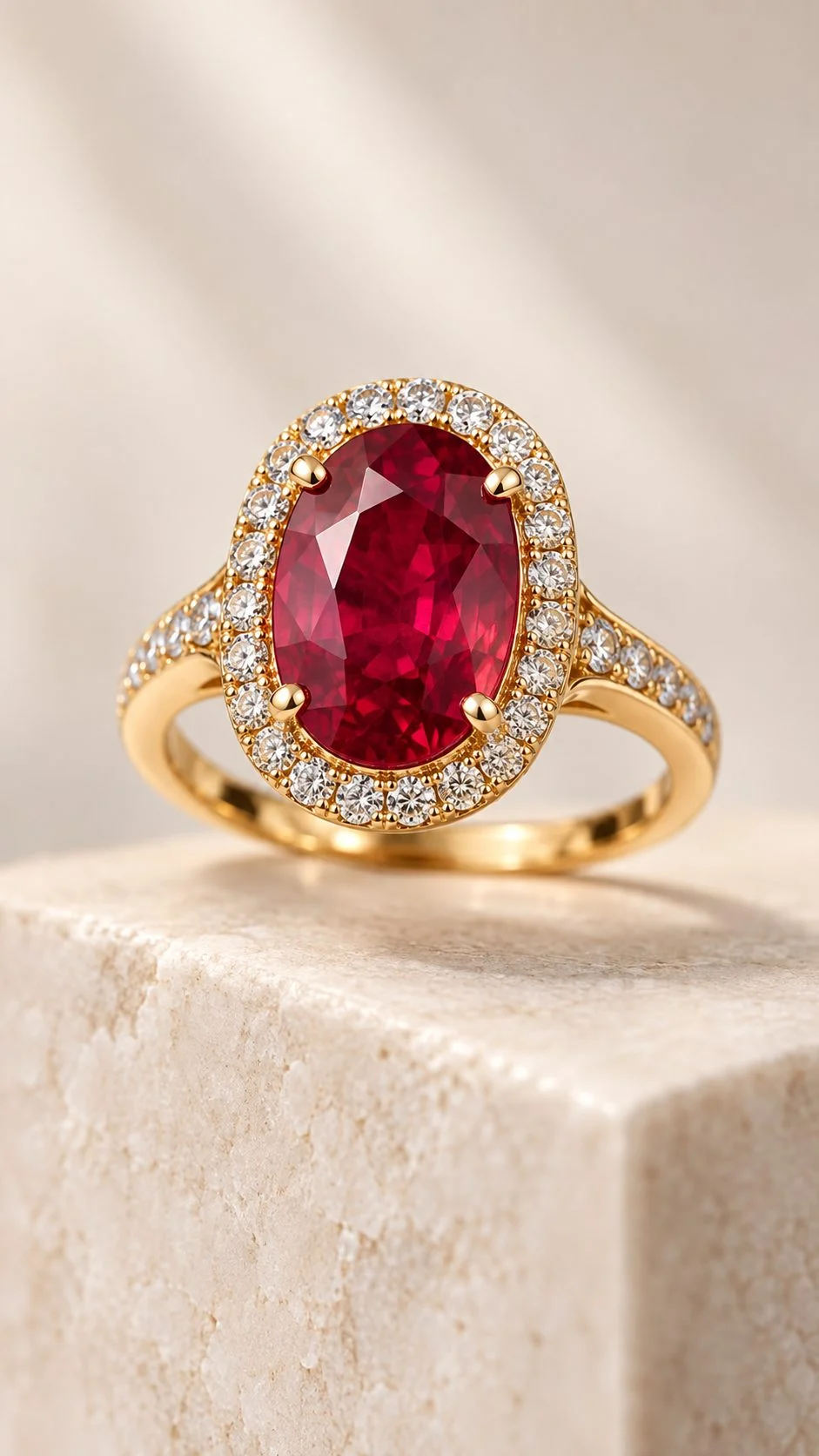 Macro gallery image of a gold cocktail ring with an oval ruby surrounded by a halo of small diamonds, resting on a cream marble block under soft diffused light, showing prong settings and stone clarity for an Amazon jewellery detail shot