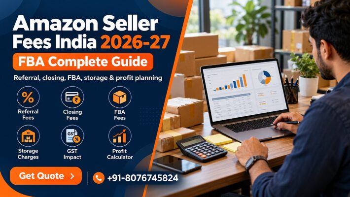 Amazon Seller Fees India 2026-27 planning desk for an Indian ecommerce seller with laptop showing