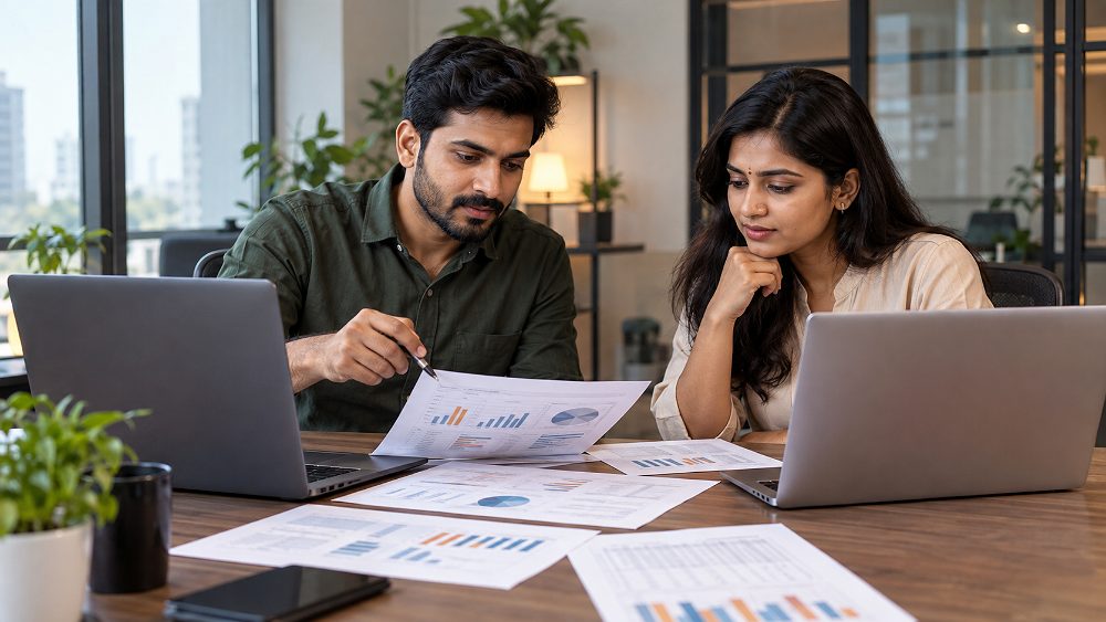 Behind the scenes of indian ecommerce seller team reviewing Amazon Seller Fees India spreadsheet, SKU profitability,