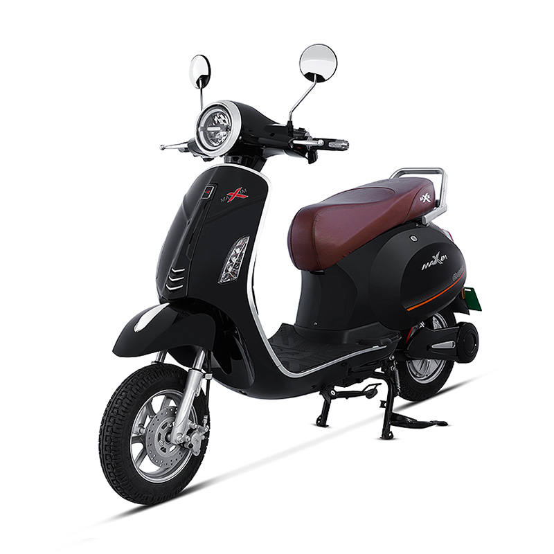 Black electric scooter with a brown seat on a white background