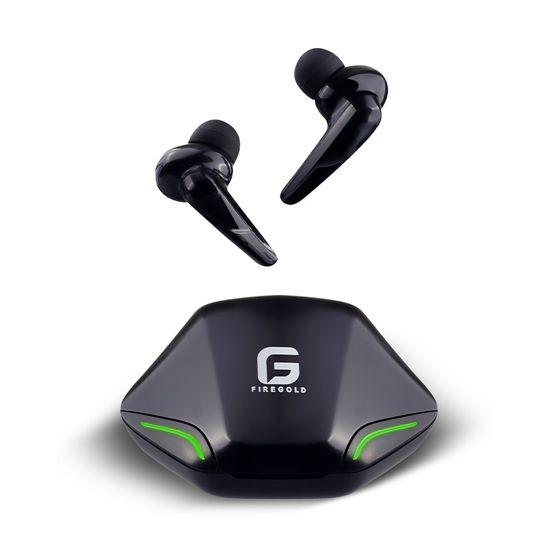 Black wireless earbuds with charging case on a white background