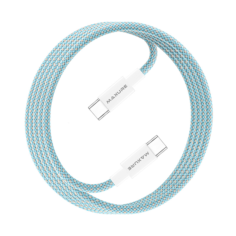 Blue braided USB-C charging cable coiled on a white background