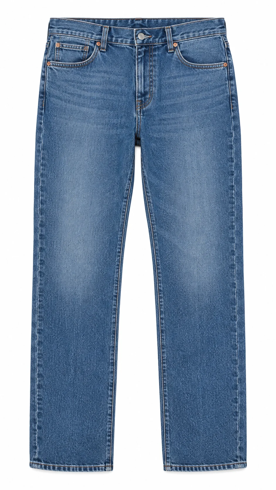 Classic mid-blue straight-fit denim jeans laid flat and neatly shaped on a pure white background, shot from directly above as an off-model clothing image that meets amazon product image requirements